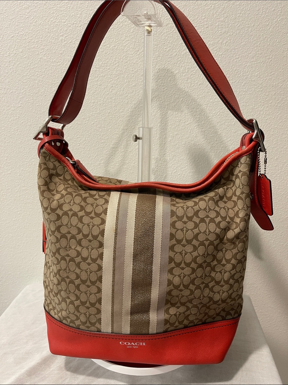 Coach Legacy Signature Stripe Duffel Bag with Red/Orange Leather Trim